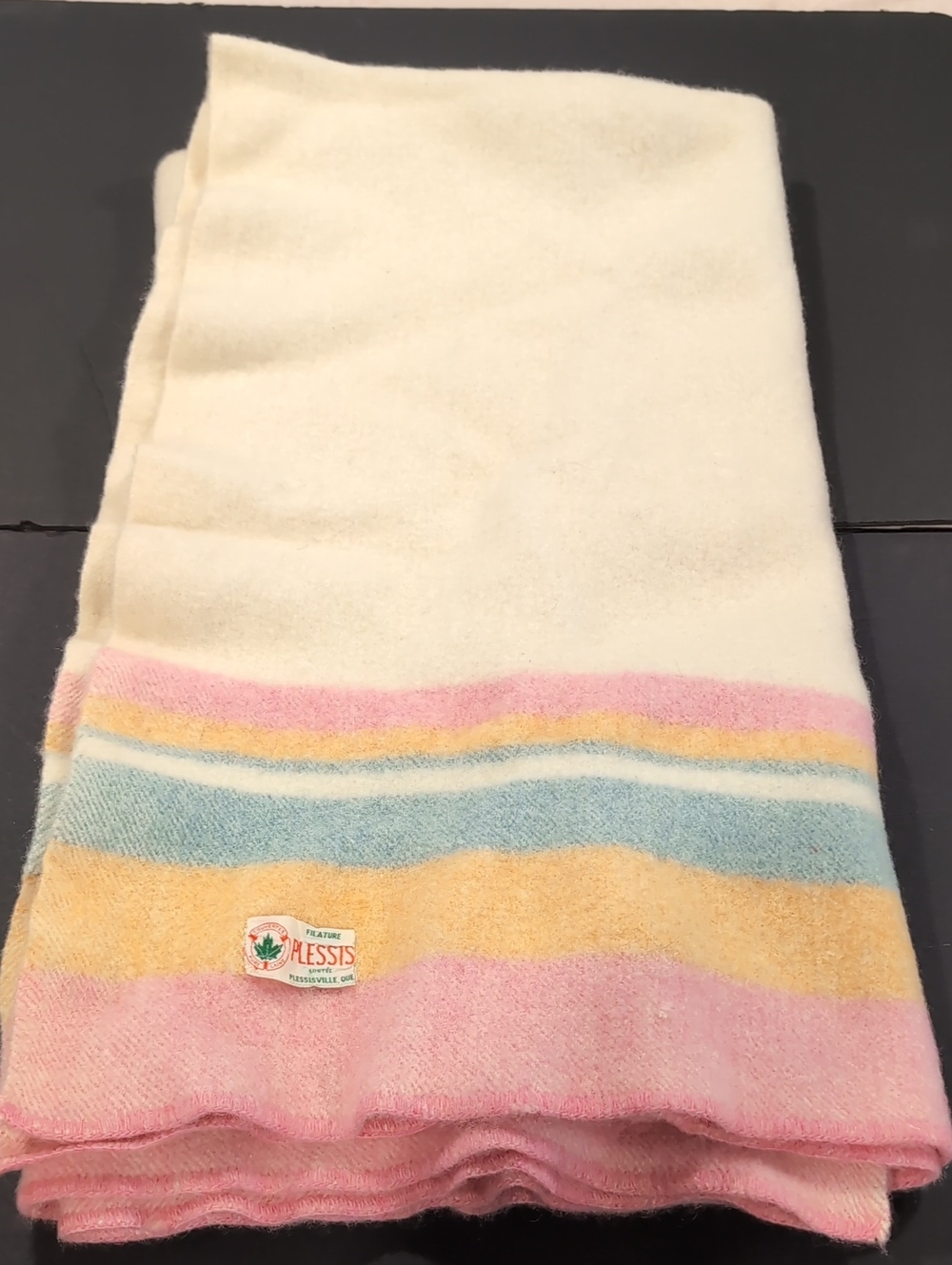 Vintage Plessis Cream Pastel Stripes Pure Wool Throw Lap Blanket 52"X57"